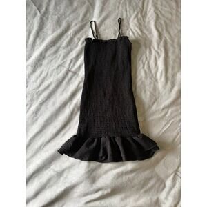 Love Tree Womens Black Smocked Bodycon Mini Dress Ruffle Hem Spaghetti Strap S